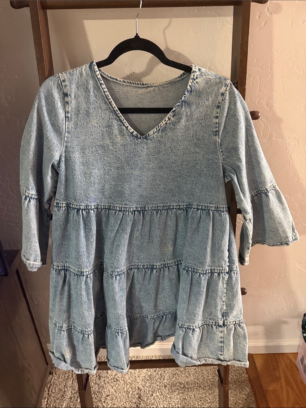 SHEIN Light Blue Denim-Style Tiered V-Neck Dress